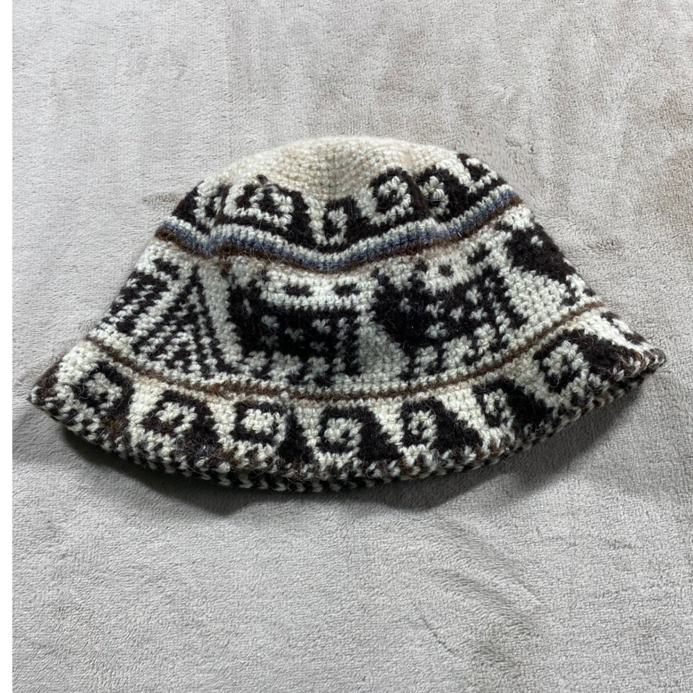 Filippo Catarzi Italy Knit Bucket Hat Brown Cream Animal Pattern Wool Blend Cap